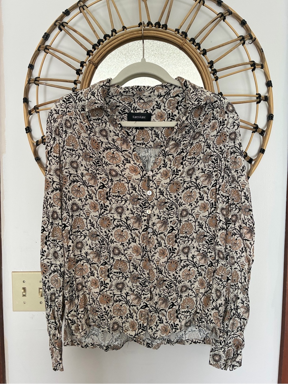 Karen Kane Beige and Black Floral Button-Down Shirt